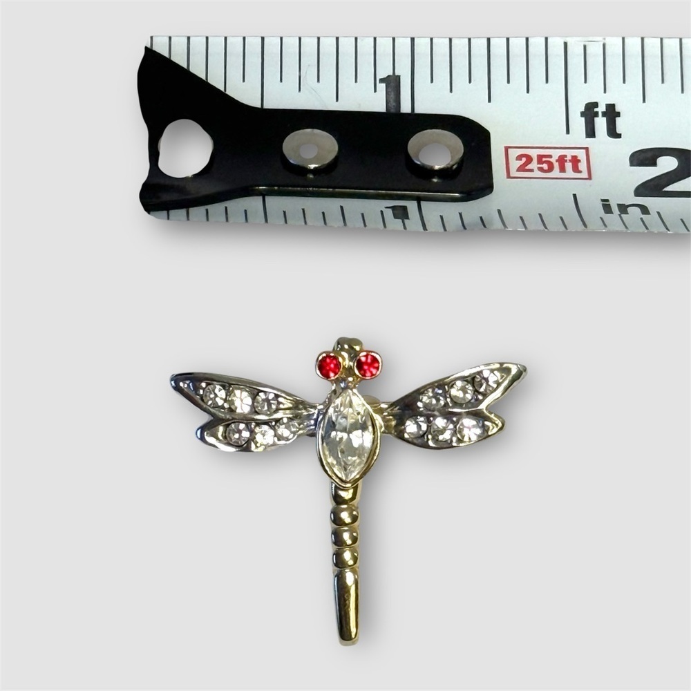 Vintage Rhinestone Dragonfly Brooch Pin Gold Tone Red Eyes Crystal Wings - Picture 6 of 6